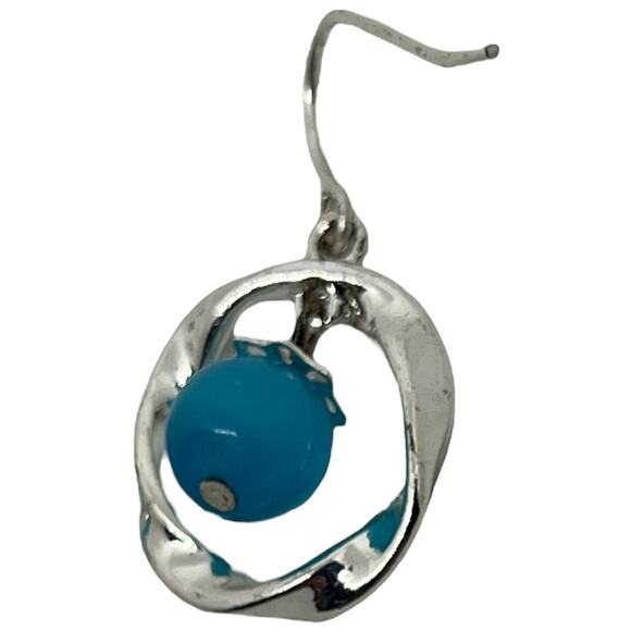 Silver Hoop Earrings with Turquoise Bead Accents - Picture 5 of 6
